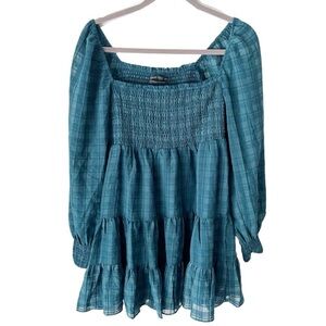 Urban Outfitters Dress Medium River Smocked Long Sleeve Blue Gingham Mini